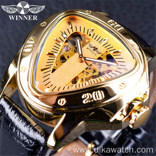 Top Brand Luxury Winner Steampunk Fashion Triangle Golden Skeleton Movement Mysterious Men Automatic Mechanical Wrist Watch